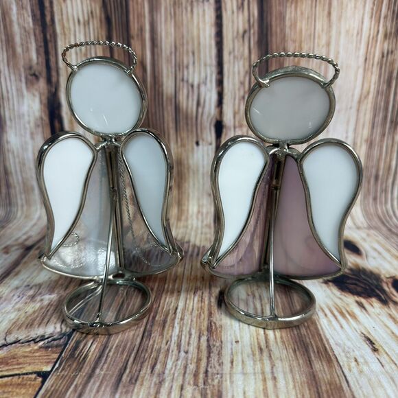 Vintage Stained Glass Angel Holding Candle Purple Blue Sun Catcher Free Standing - Picture 2 of 13